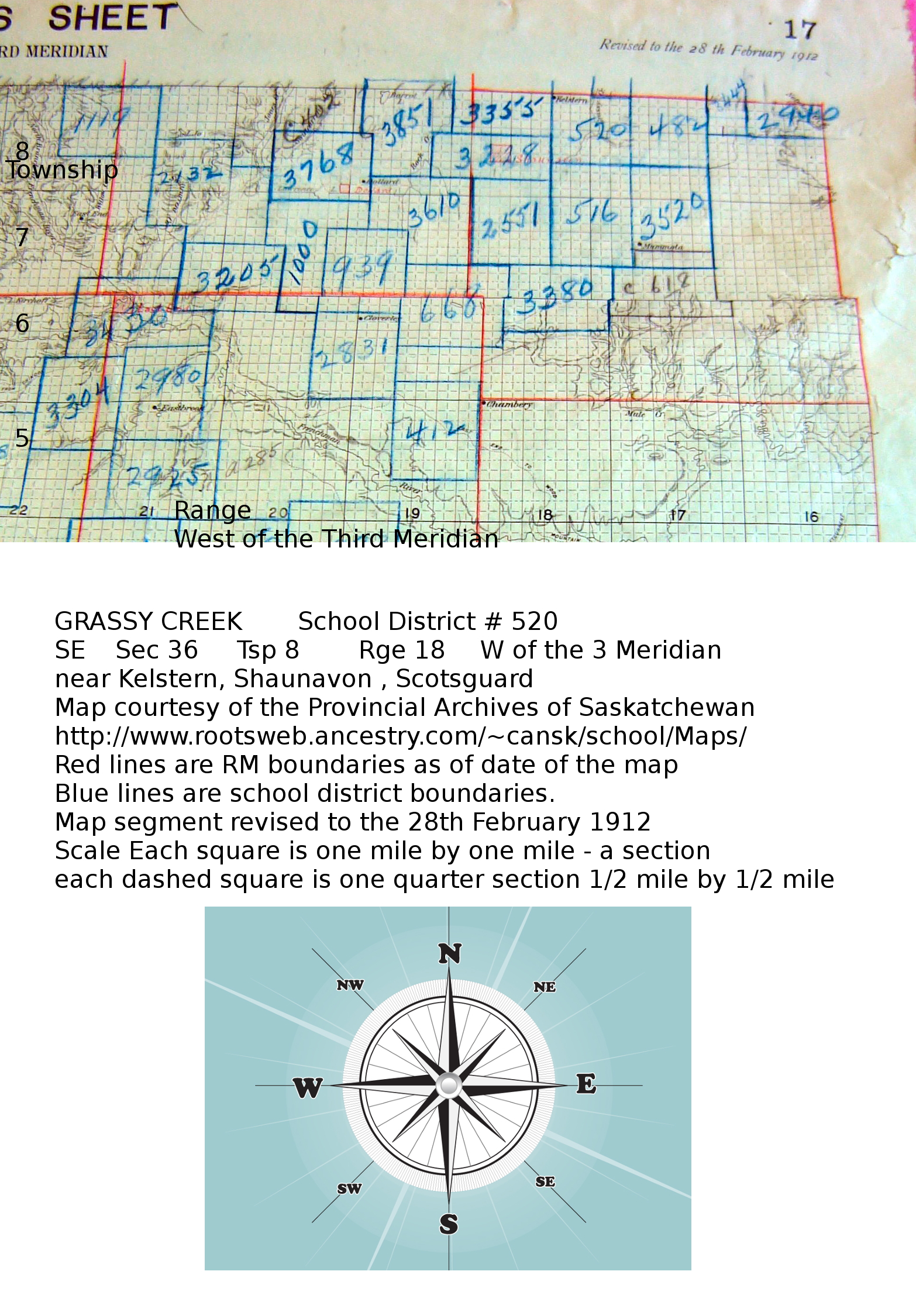 GRASSY CREEK 	School District # 520 Map, 	SE 	Sec 36 	Tsp 8 	Rge 18 	W of the 3 Meridian, 		Shaunavon , Scotsguard, Saskatchewan